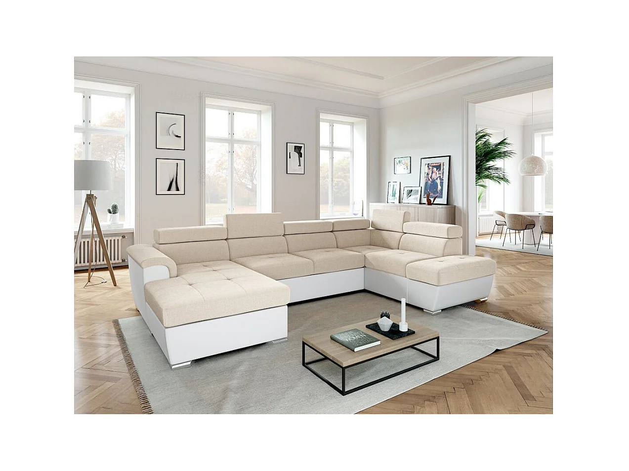 Canapé panoramique PAOLA convertible 2 coffres en tissu Easy Clean antitache et simili- Beige/Blanc