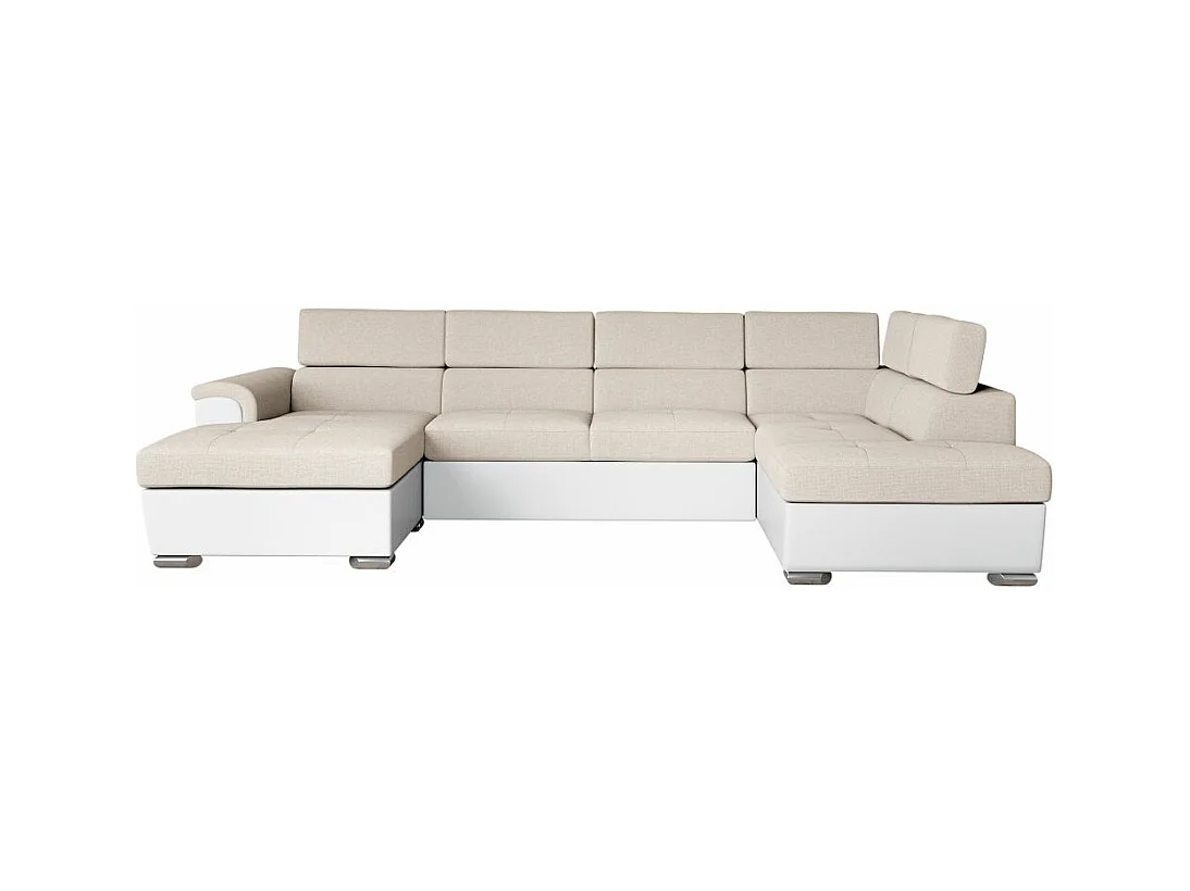 Canapé panoramique PAOLA convertible 2 coffres en tissu Easy Clean antitache et simili- Beige/Blanc