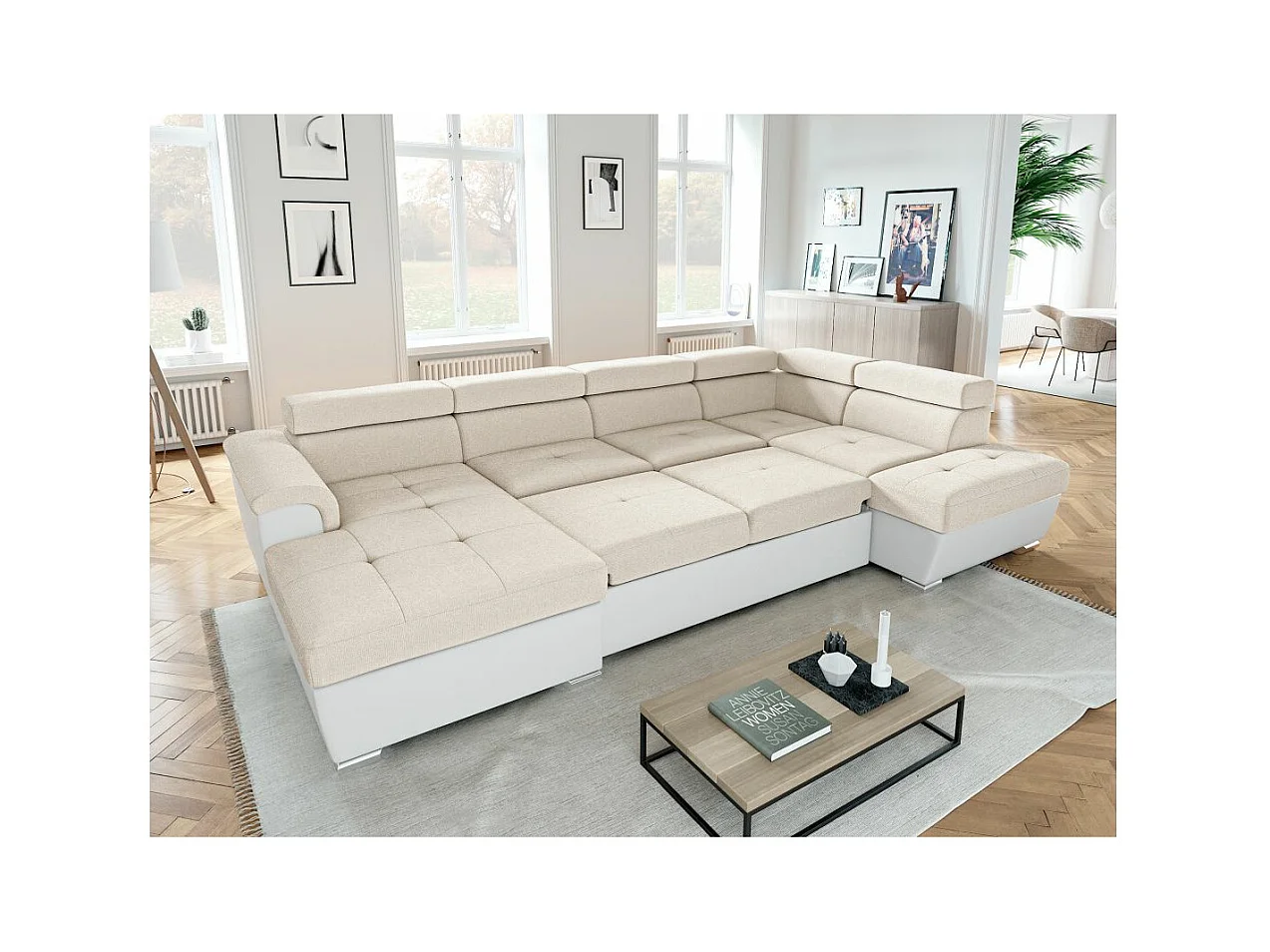 Canapé panoramique PAOLA convertible 2 coffres en tissu Easy Clean antitache et simili- Beige/Blanc