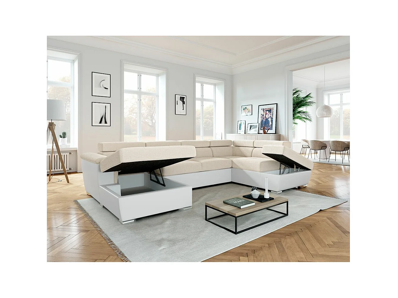 Canapé panoramique PAOLA convertible 2 coffres en tissu Easy Clean antitache et simili- Beige/Blanc