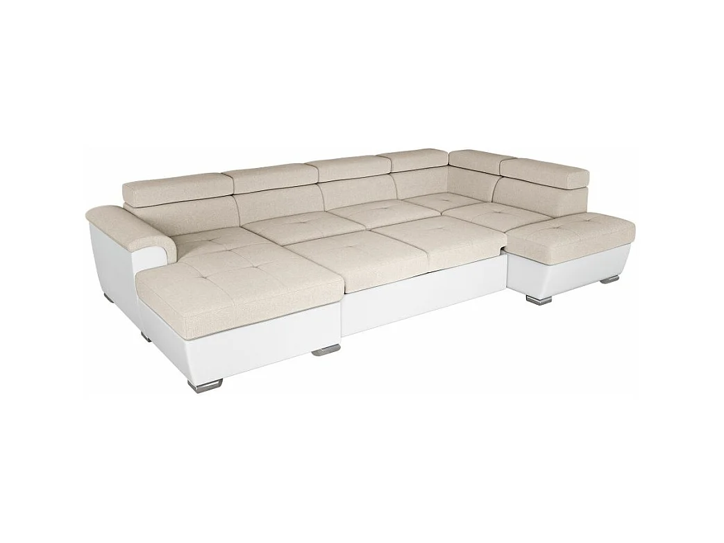 Canapé panoramique PAOLA convertible 2 coffres en tissu Easy Clean antitache et simili- Beige/Blanc