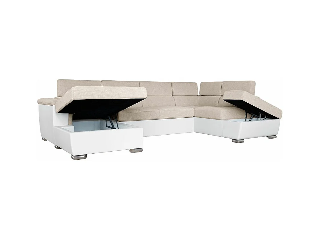 Canapé panoramique PAOLA convertible 2 coffres en tissu Easy Clean antitache et simili- Beige/Blanc