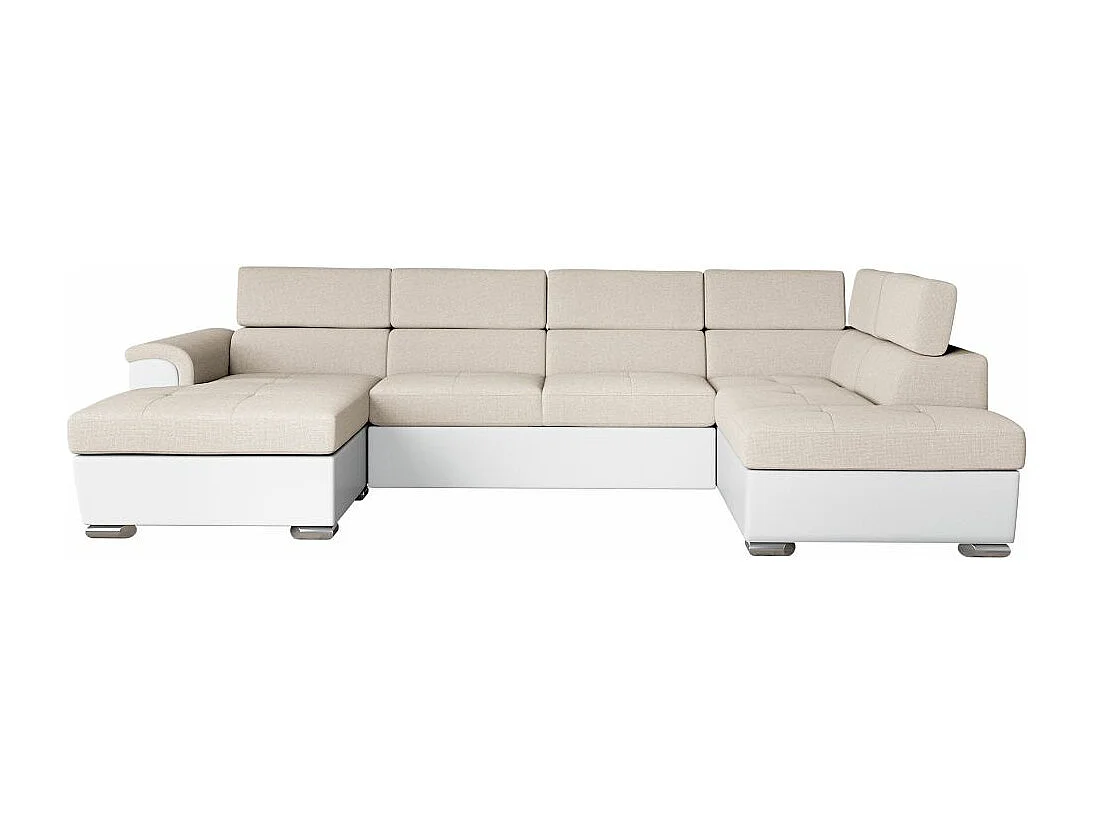 Canapé panoramique PAOLA convertible 2 coffres en tissu Easy Clean antitache et simili- Beige/Blanc
