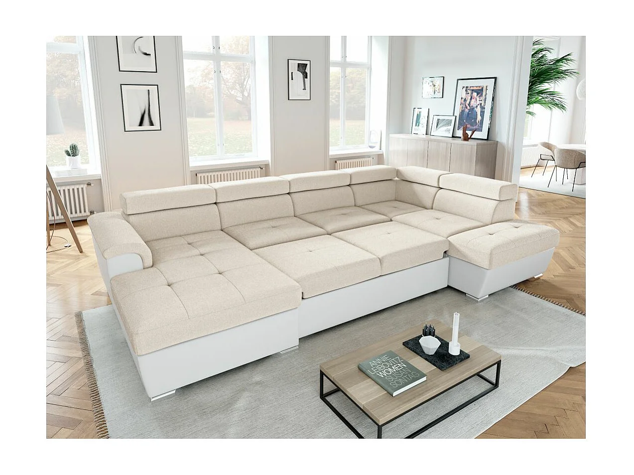 Canapé panoramique PAOLA convertible 2 coffres en tissu Easy Clean antitache et simili- Beige/Blanc