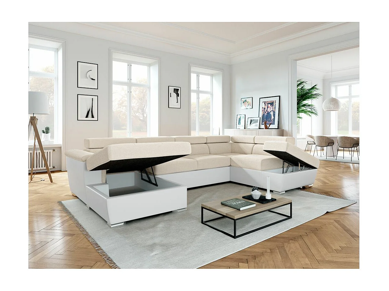 Canapé panoramique PAOLA convertible 2 coffres en tissu Easy Clean antitache et simili- Beige/Blanc