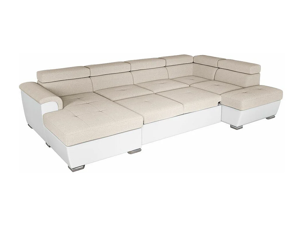 Canapé panoramique PAOLA convertible 2 coffres en tissu Easy Clean antitache et simili- Beige/Blanc
