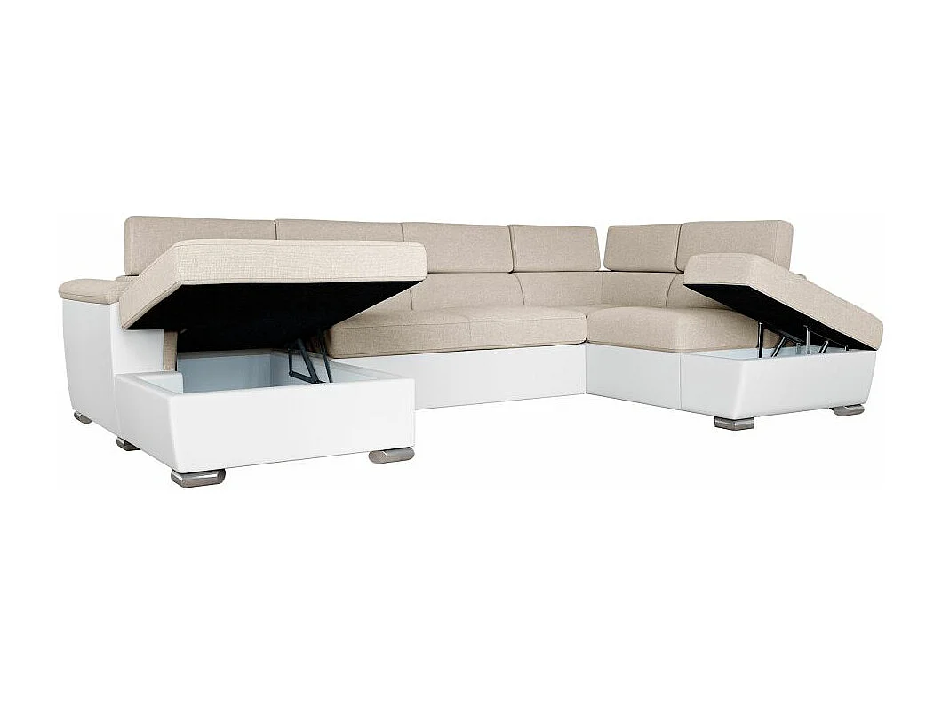 Canapé panoramique PAOLA convertible 2 coffres en tissu Easy Clean antitache et simili- Beige/Blanc