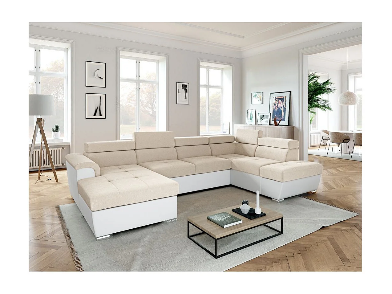 Canapé panoramique PAOLA convertible 2 coffres en tissu Easy Clean antitache et simili- Beige/Blanc