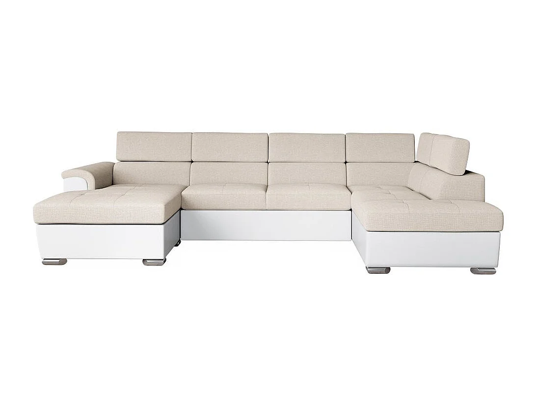 Canapé panoramique PAOLA convertible 2 coffres en tissu Easy Clean antitache et simili- Beige/Blanc