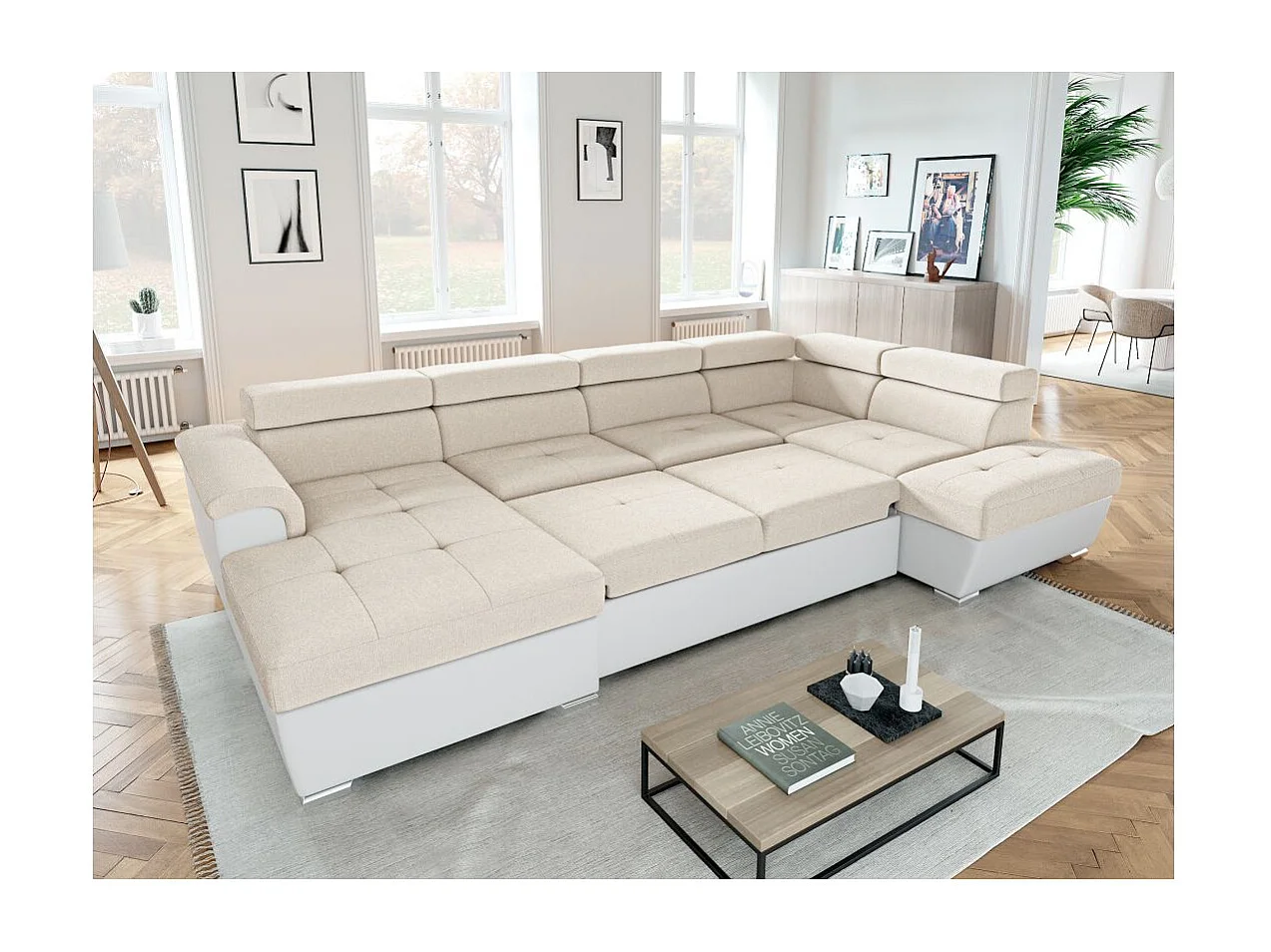 Canapé panoramique PAOLA convertible 2 coffres en tissu Easy Clean antitache et simili- Beige/Blanc