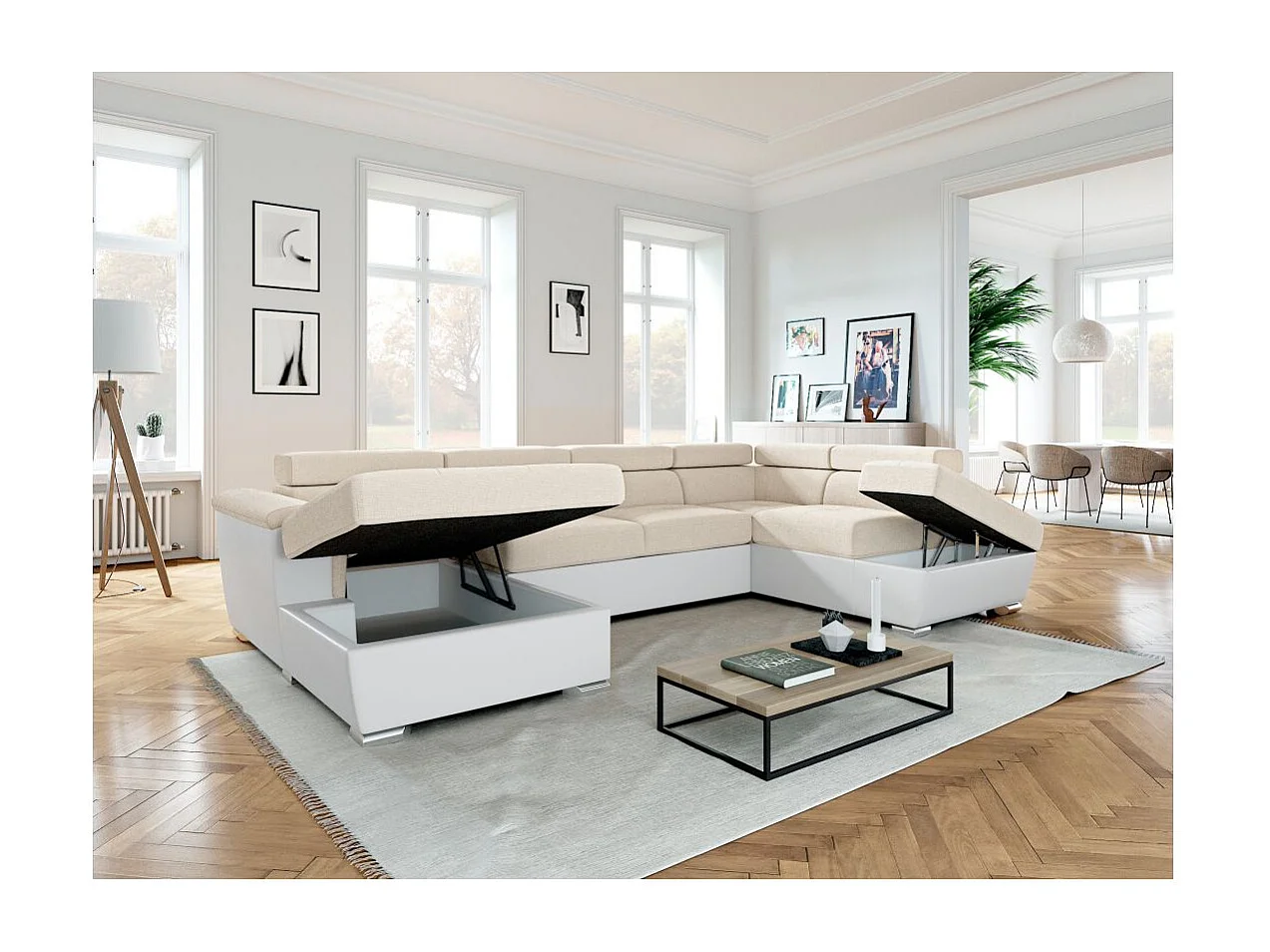 Canapé panoramique PAOLA convertible 2 coffres en tissu Easy Clean antitache et simili- Beige/Blanc