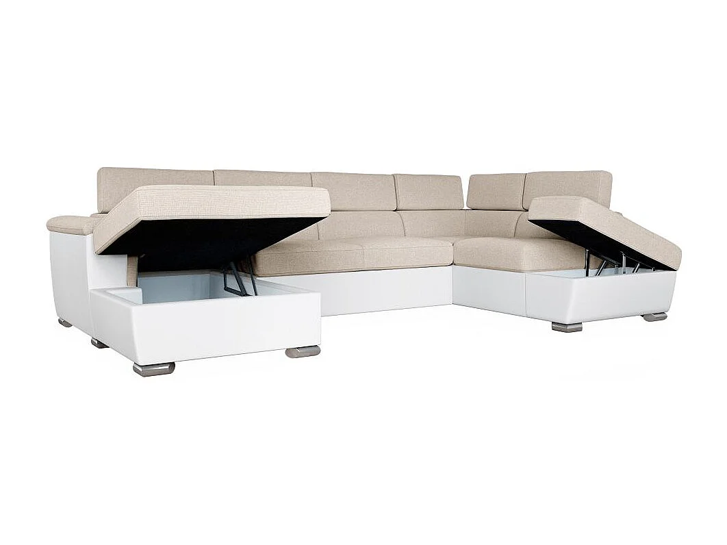 Canapé panoramique PAOLA convertible 2 coffres en tissu Easy Clean antitache et simili- Beige/Blanc