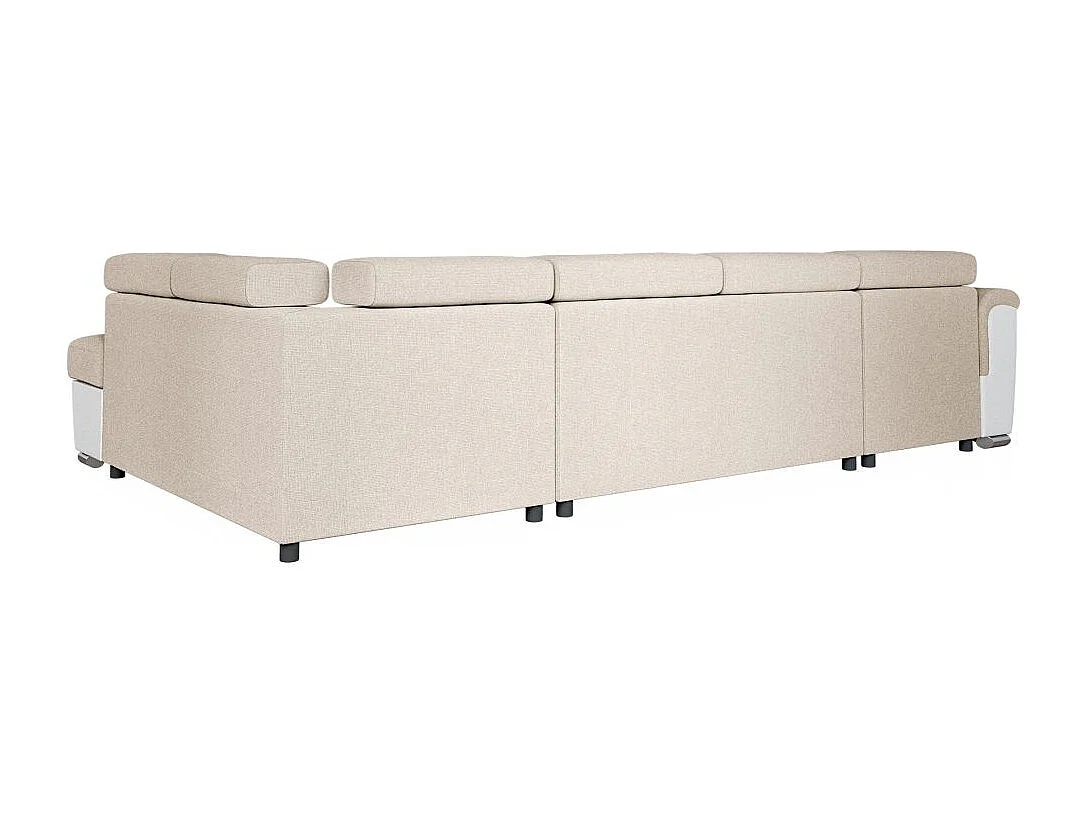 Canapé panoramique PAOLA convertible 2 coffres en tissu Easy Clean antitache et simili- Beige/Blanc