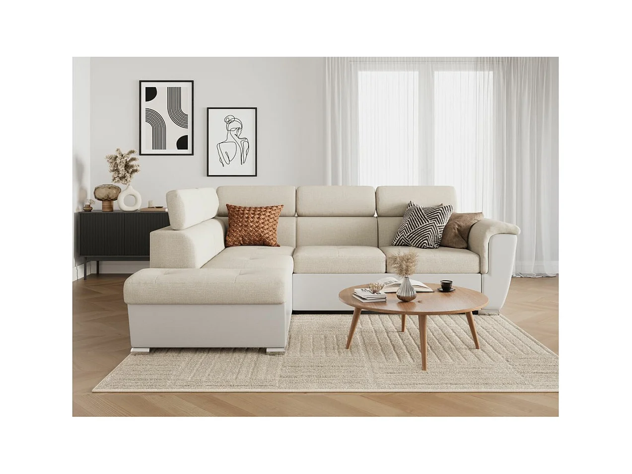 Canapé d'angle gauche PAOLA convertible 4 places tissu Easy Clean antitache et simili - Beige/Blanc