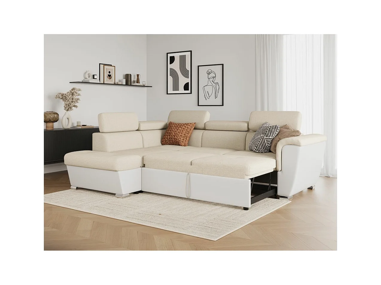 Canapé d'angle gauche PAOLA convertible 4 places tissu Easy Clean antitache et simili - Beige/Blanc