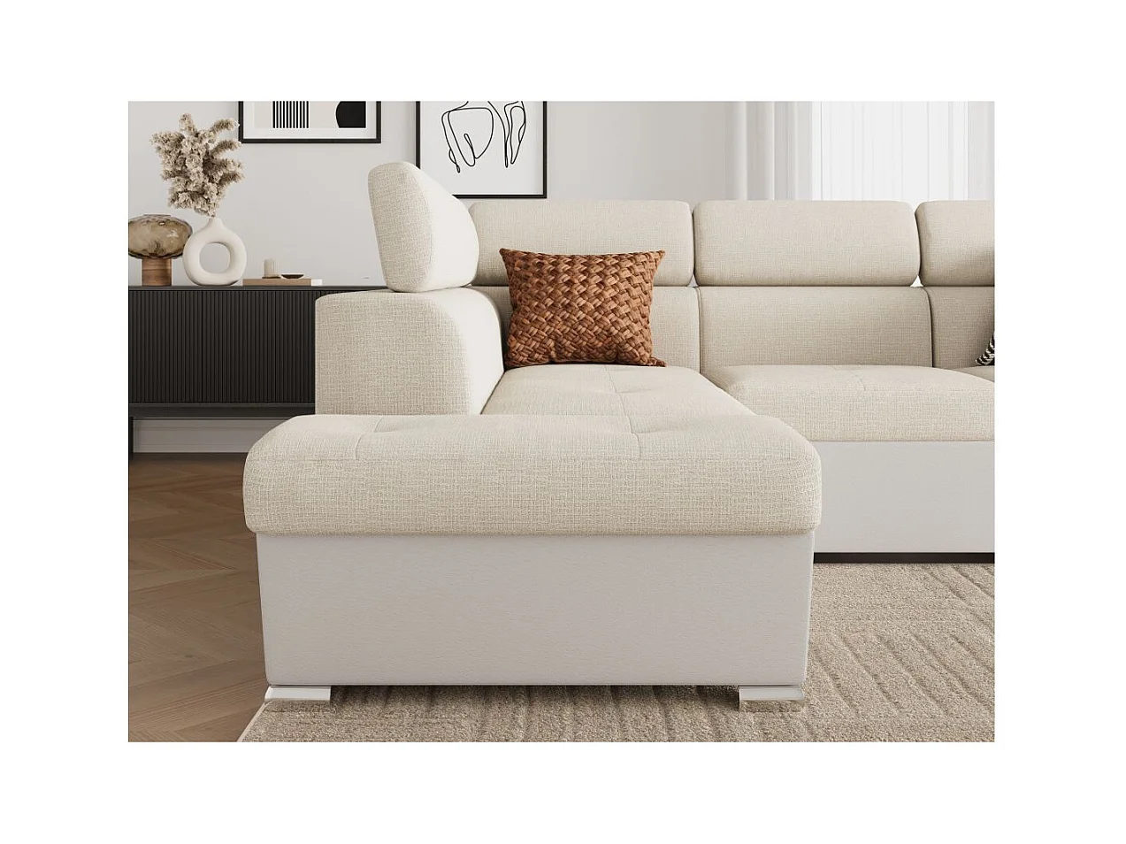 Canapé d'angle gauche PAOLA convertible 4 places tissu Easy Clean antitache et simili - Beige/Blanc