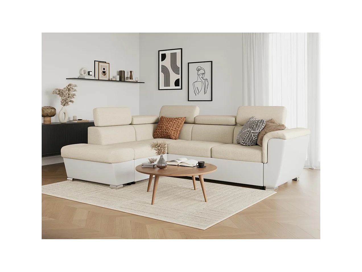 Canapé d'angle gauche PAOLA convertible 4 places tissu Easy Clean antitache et simili - Beige/Blanc