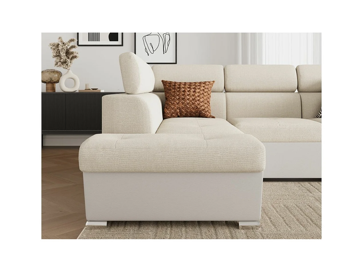 Canapé d'angle gauche PAOLA convertible 4 places tissu Easy Clean antitache et simili - Beige/Blanc