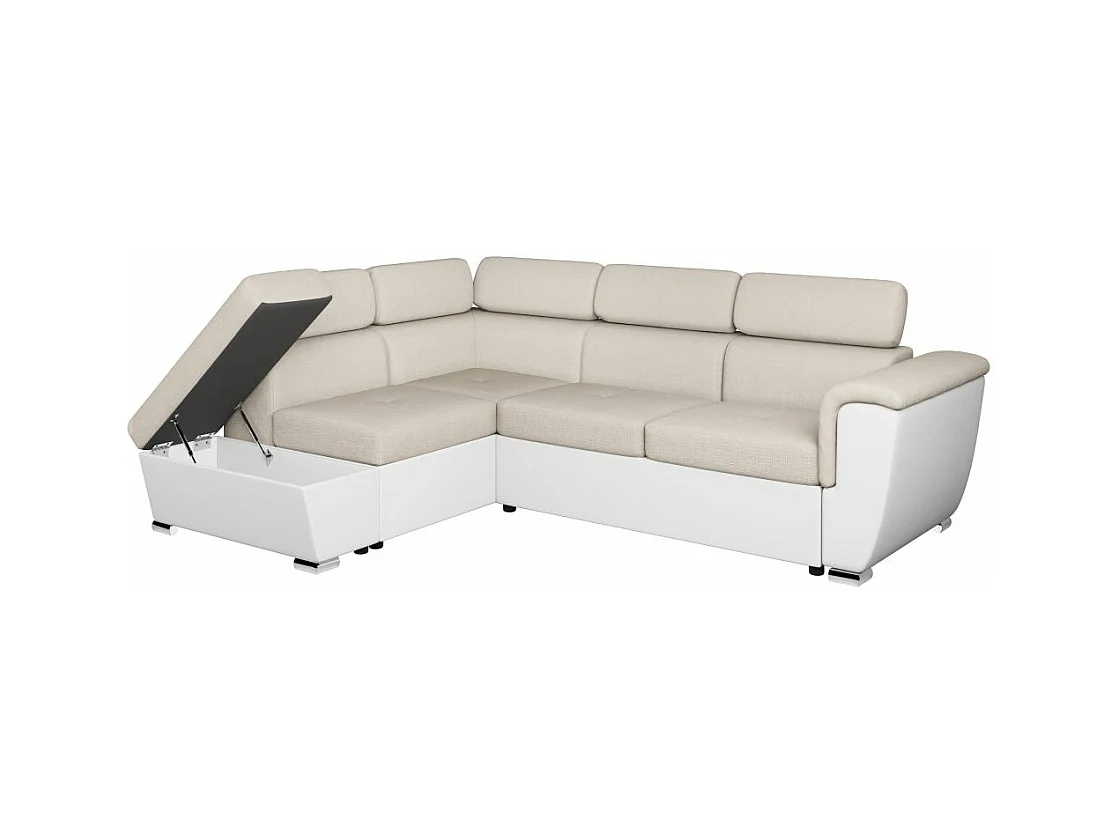 Canapé d'angle gauche PAOLA convertible 4 places tissu Easy Clean antitache et simili - Beige/Blanc