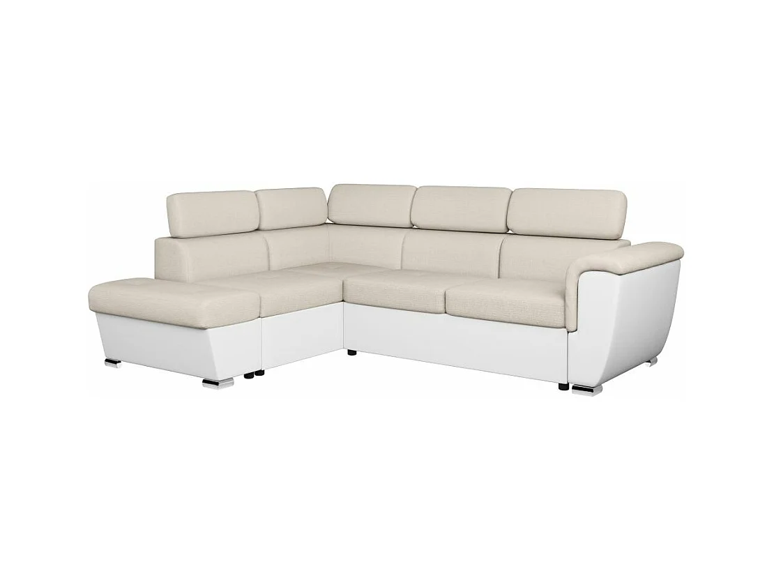 Canapé d'angle gauche PAOLA convertible 4 places tissu Easy Clean antitache et simili - Beige/Blanc