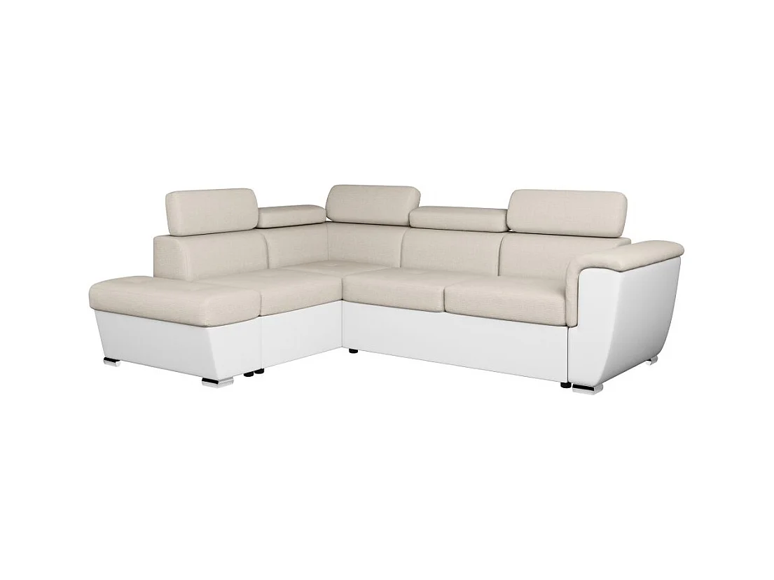 Canapé d'angle gauche PAOLA convertible 4 places tissu Easy Clean antitache et simili - Beige/Blanc