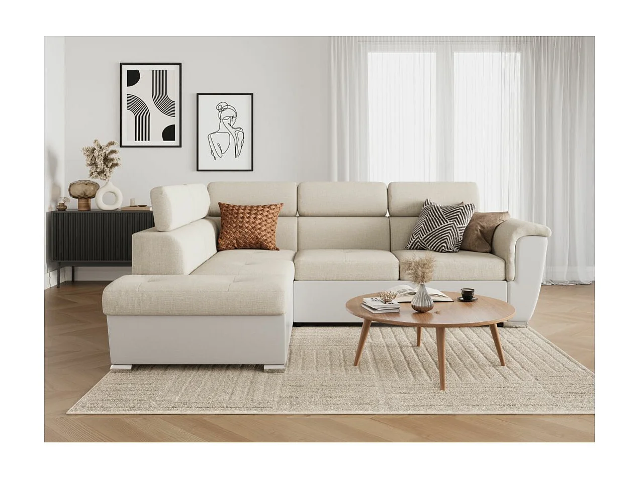 Canapé d'angle gauche PAOLA convertible 4 places tissu Easy Clean antitache et simili - Beige/Blanc