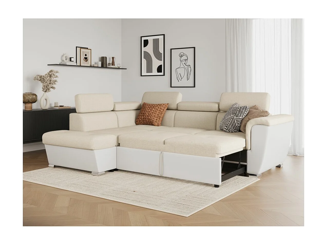Canapé d'angle gauche PAOLA convertible 4 places tissu Easy Clean antitache et simili - Beige/Blanc