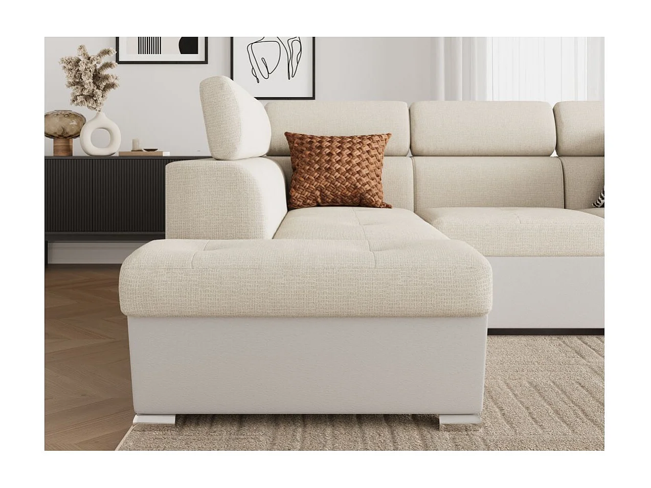 Canapé d'angle gauche PAOLA convertible 4 places tissu Easy Clean antitache et simili - Beige/Blanc