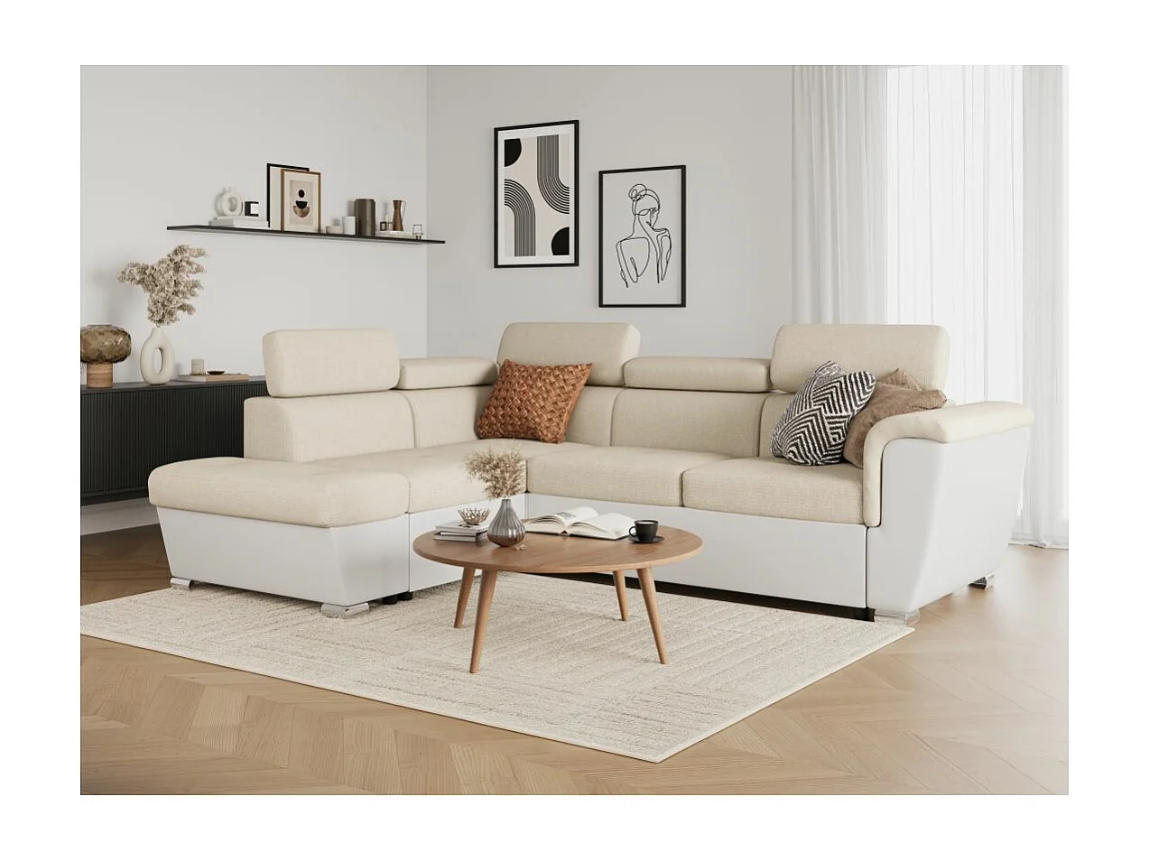 Canapé d'angle gauche PAOLA convertible 4 places tissu Easy Clean antitache et simili - Beige/Blanc