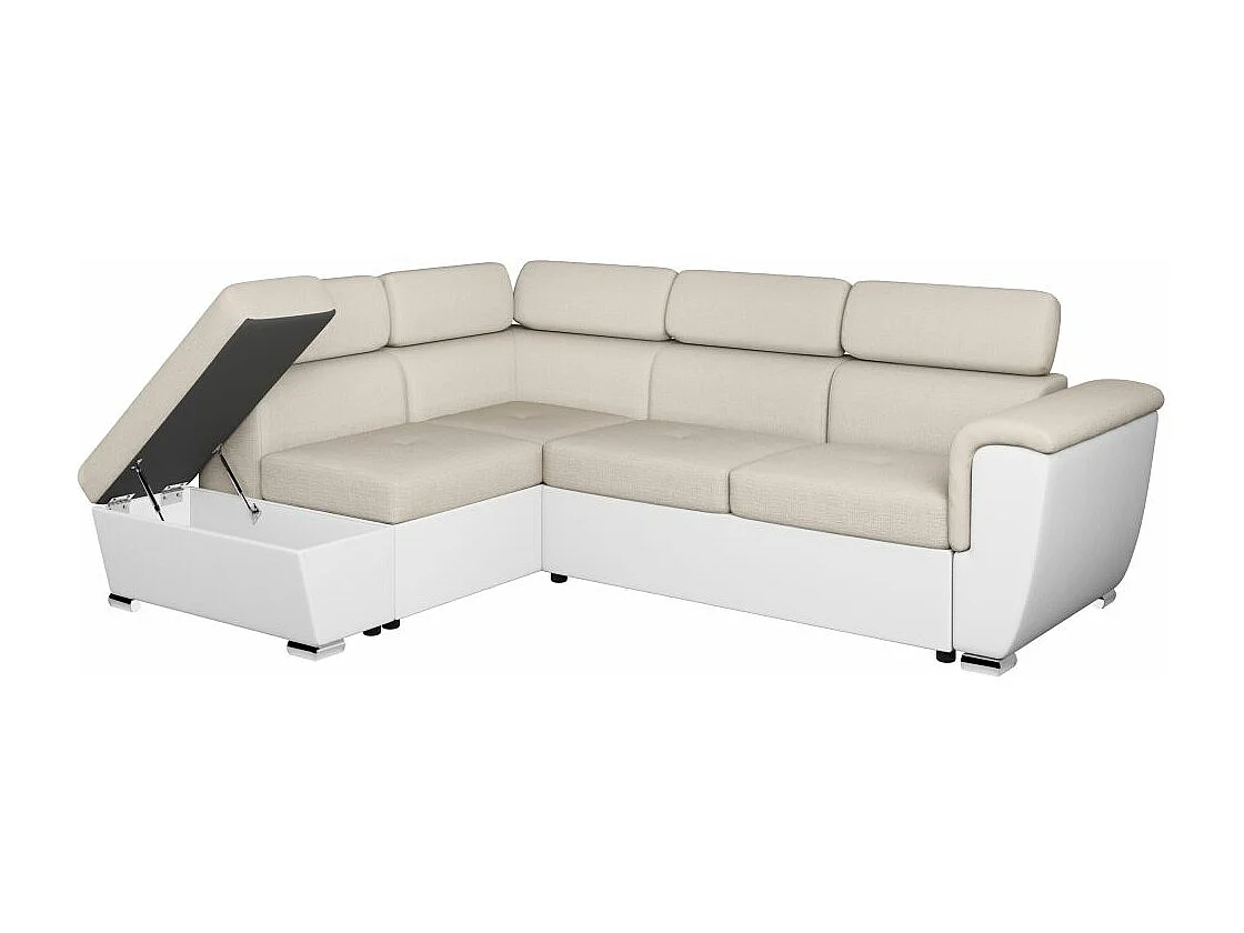 Canapé d'angle gauche PAOLA convertible 4 places tissu Easy Clean antitache et simili - Beige/Blanc