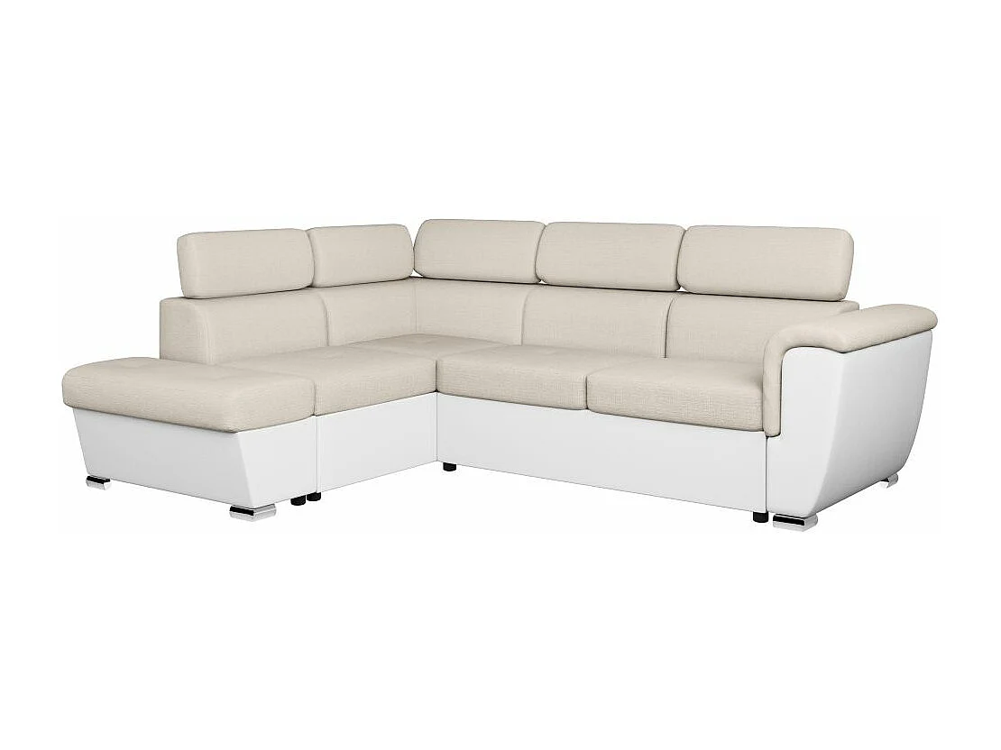 Canapé d'angle gauche PAOLA convertible 4 places tissu Easy Clean antitache et simili - Beige/Blanc