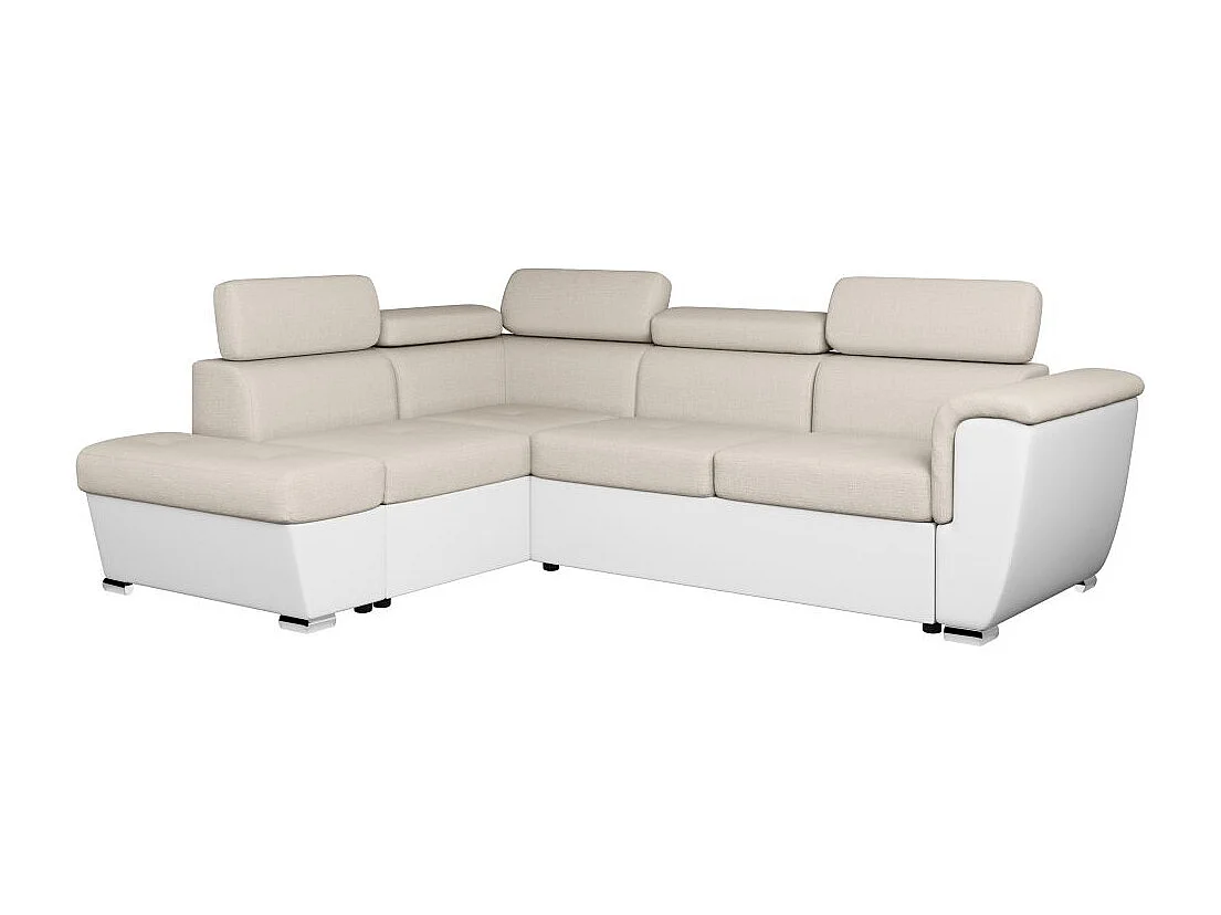 Canapé d'angle gauche PAOLA convertible 4 places tissu Easy Clean antitache et simili - Beige/Blanc