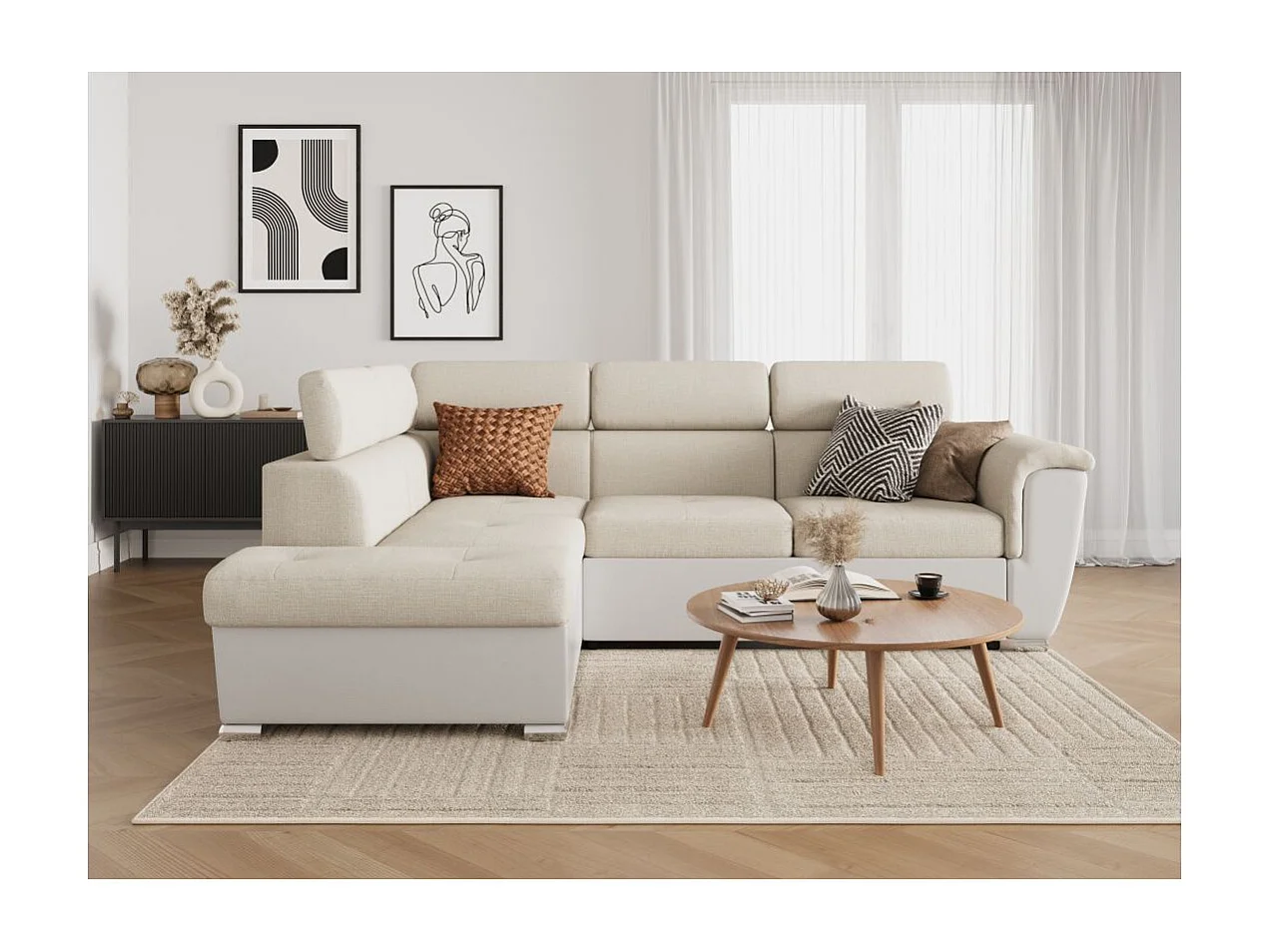 Canapé d'angle gauche PAOLA convertible 4 places tissu Easy Clean antitache et simili - Beige/Blanc