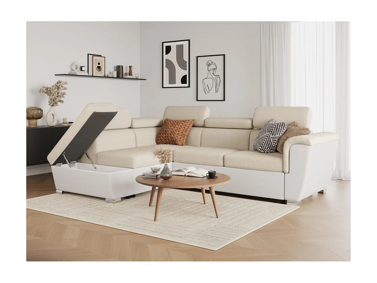 Canapé d'angle gauche PAOLA convertible 4 places tissu Easy Clean antitache et simili - Beige/Blanc