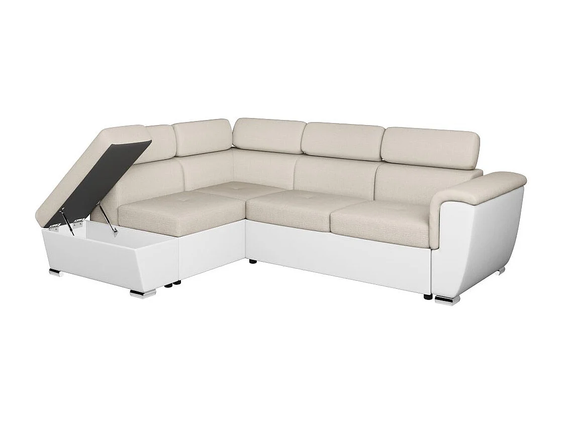 Canapé d'angle gauche PAOLA convertible 4 places tissu Easy Clean antitache et simili - Beige/Blanc