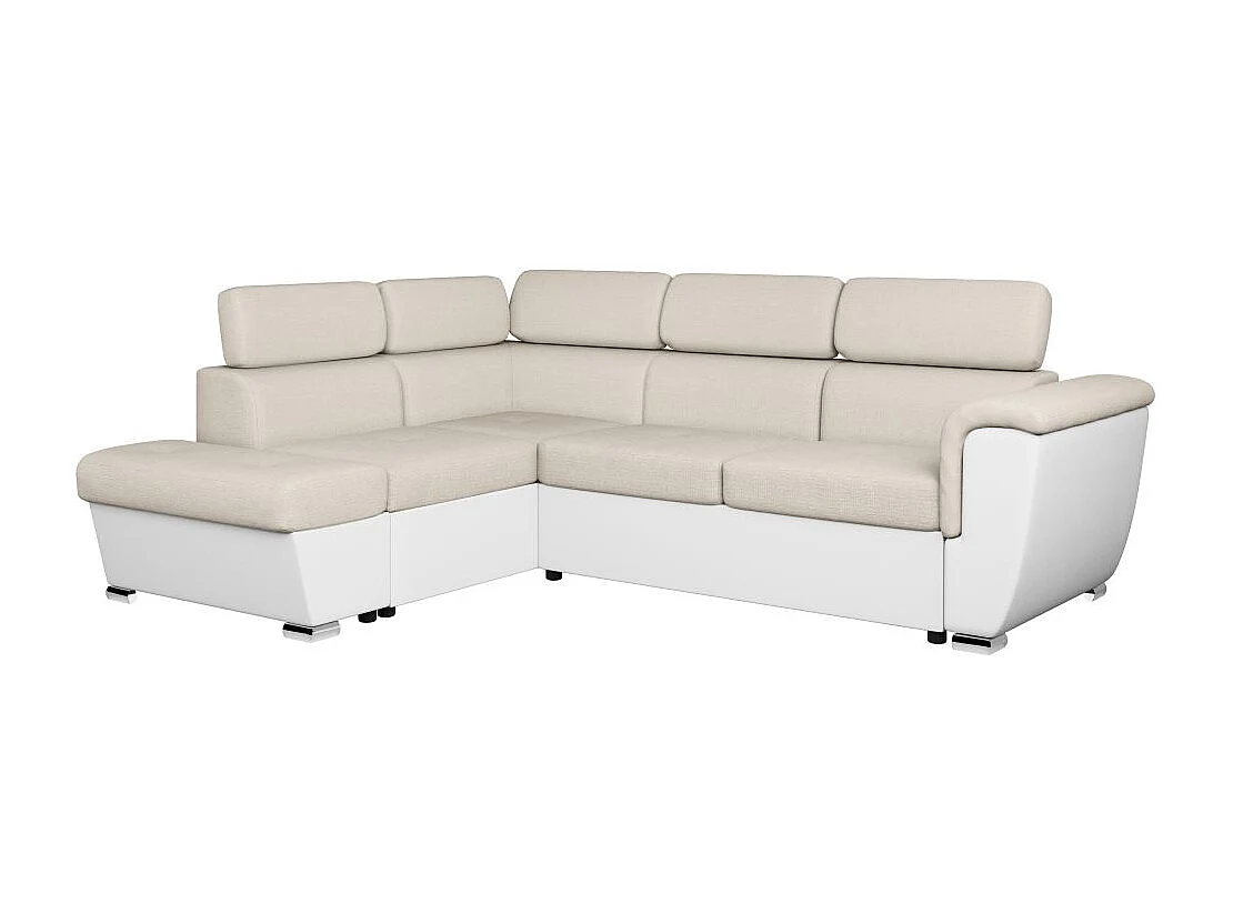 Canapé d'angle gauche PAOLA convertible 4 places tissu Easy Clean antitache et simili - Beige/Blanc