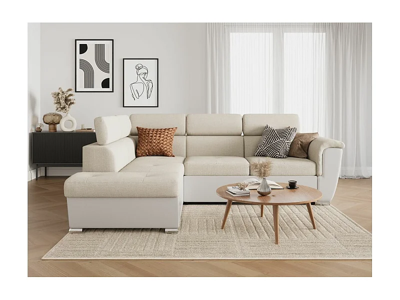 Canapé d'angle gauche PAOLA convertible 4 places tissu Easy Clean antitache et simili - Beige/Blanc