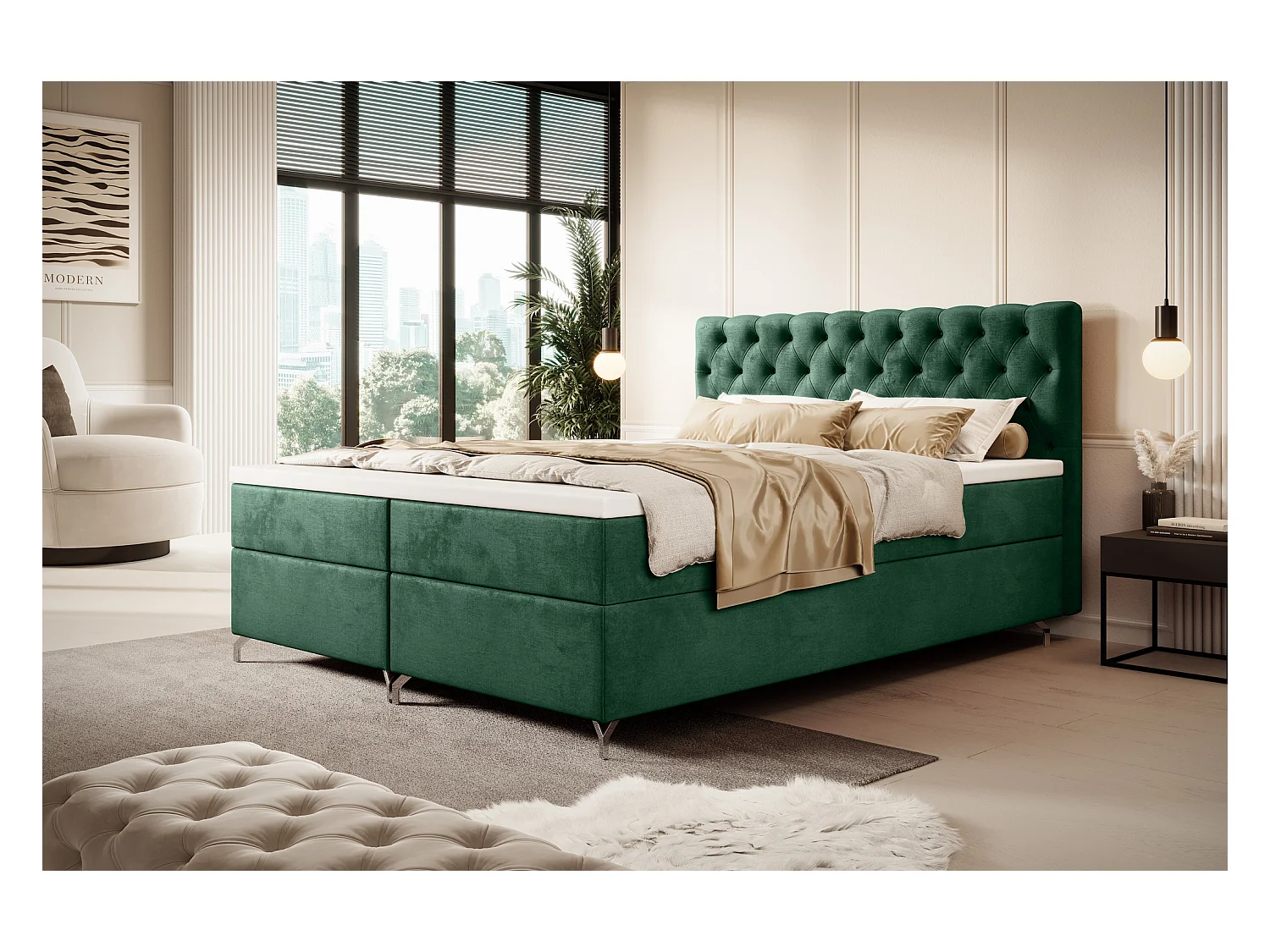 BEDANTE Boxspringbett CHESTER 200x200 Monolith 37, Grün, Bettkasten, Chromfüße, Ehebett, Hotelbett, Topper, Matratze, Bonell, Stauraum, Polsterbett