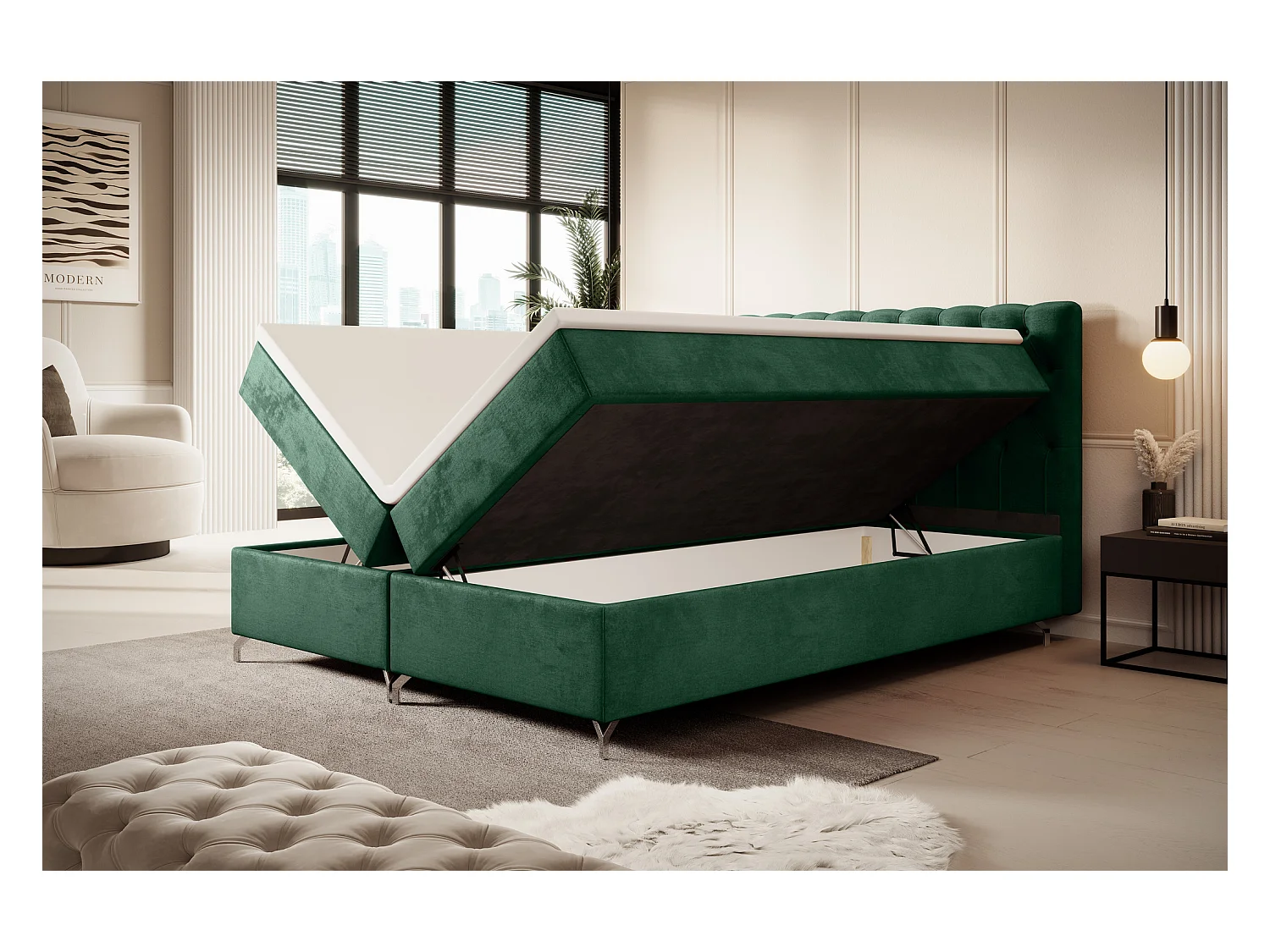 BEDANTE Boxspringbett CHESTER 200x200 Monolith 37, Grün, Bettkasten, Chromfüße, Ehebett, Hotelbett, Topper, Matratze, Bonell, Stauraum, Polsterbett