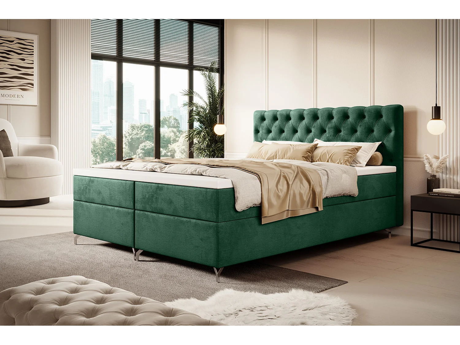 BEDANTE Boxspringbett CHESTER 160x200 Monolith 37, Grün, Bettkasten, Chromfüße, Ehebett, Hotelbett, Topper, Matratze, Bonell, Stauraum, Polsterbett