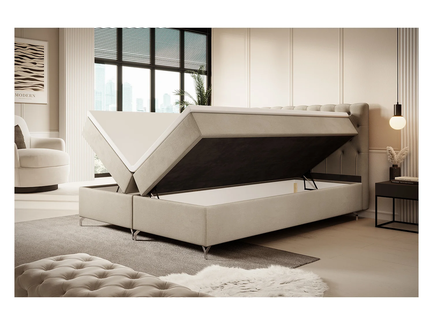 BEDANTE Łóżko CHESTER 140x200 Monolith 02, Kremowe, pojemnik, chromowane nogi, małżeńskie, topper, materac, bonell, tapicerowane, MONOLITH