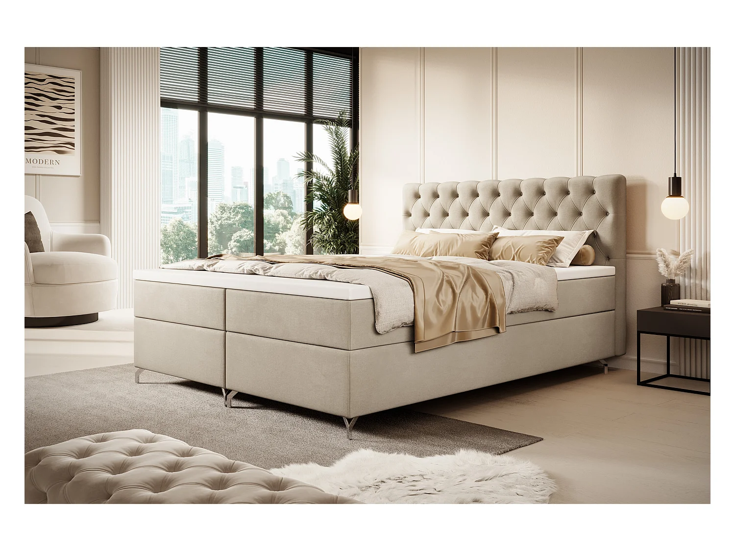 BEDANTE Boxspringbett CHESTER 140x200 Monolith 02, Creme, Bettkasten, Chromfüße, Ehebett, Hotelbett, Topper, Matratze, Bonell, Stauraum, Polsterbett