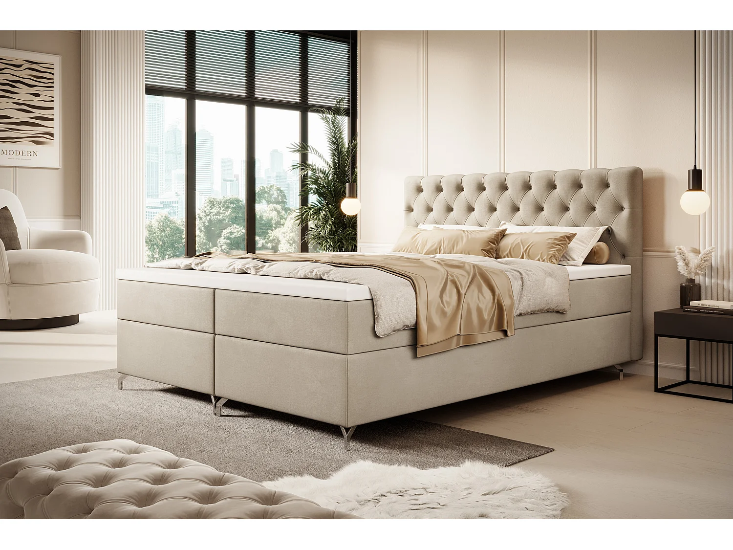 BEDANTE Boxspringbett CHESTER 140x200 Monolith 02, Creme, Bettkasten, Chromfüße, Ehebett, Hotelbett, Topper, Matratze, Bonell, Stauraum, Polsterbett