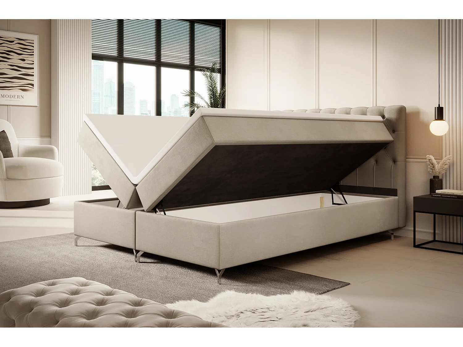 BEDANTE Boxspringbett CHESTER 140x200 Monolith 02, Creme, Bettkasten, Chromfüße, Ehebett, Hotelbett, Topper, Matratze, Bonell, Stauraum, Polsterbett