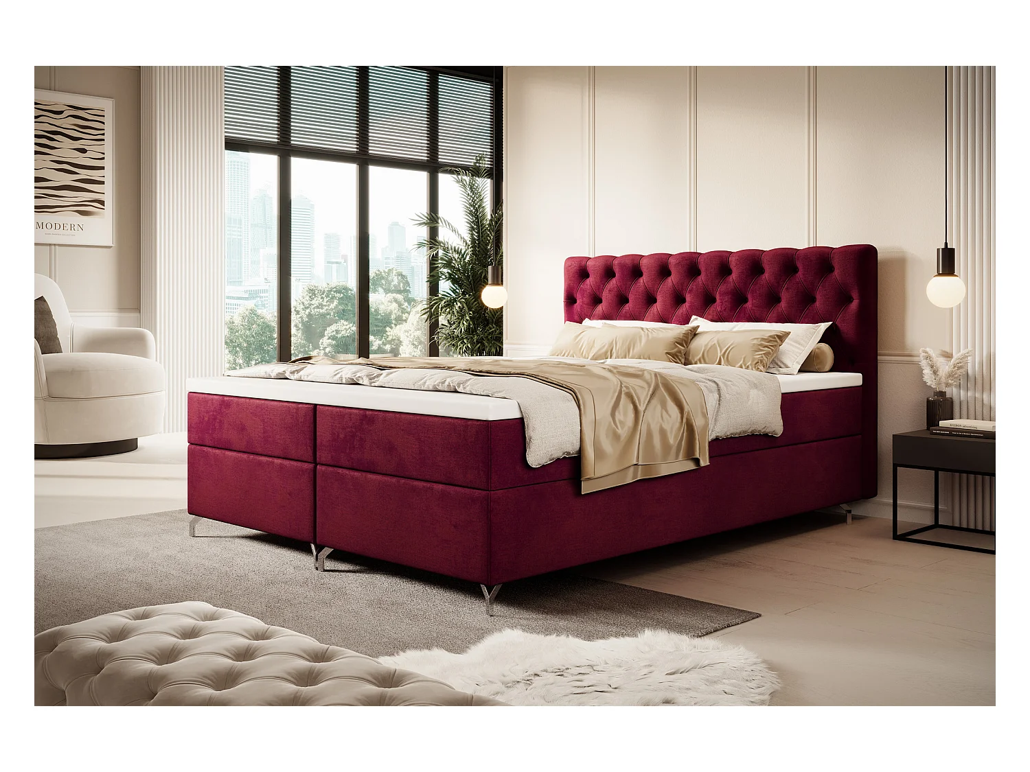 BEDANTE Boxspringbett CHESTER 160x200 Monolith 59, Rot, Bettkasten, Chromfüße, Ehebett, Hotelbett, Topper, Matratze, Bonell, Stauraum, Polsterbett