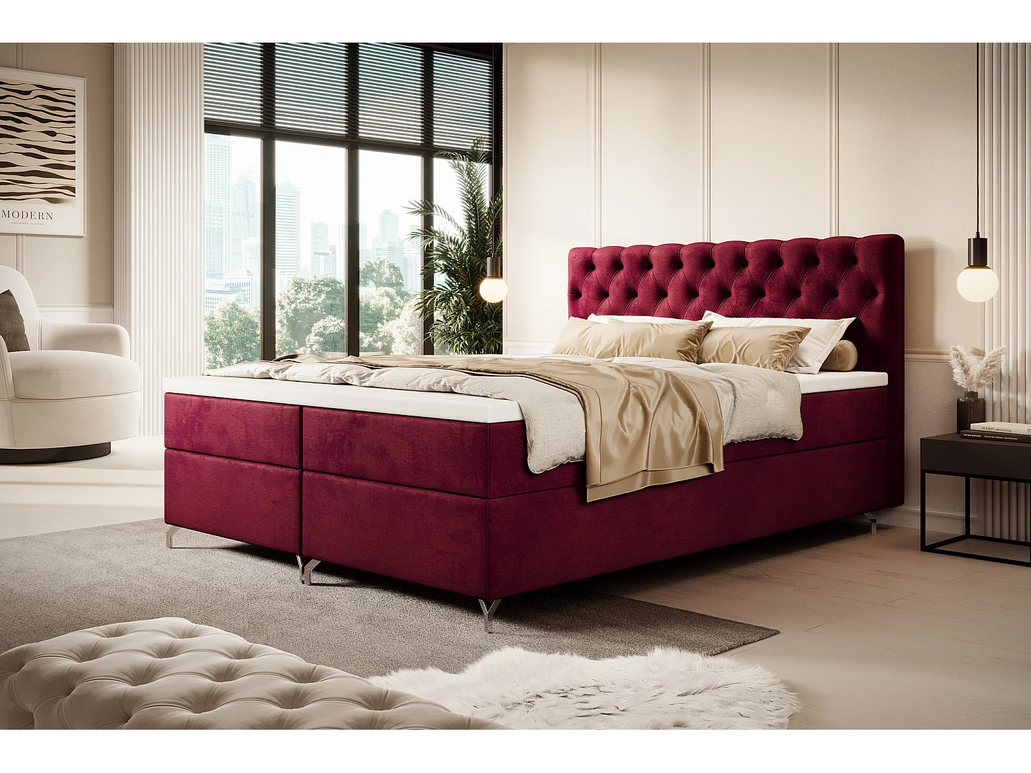 BEDANTE Boxspringbett CHESTER 160x200 Monolith 59, Rot, Bettkasten, Chromfüße, Ehebett, Hotelbett, Topper, Matratze, Bonell, Stauraum, Polsterbett