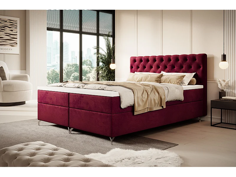 BEDANTE Boxspringbett CHESTER 160x200 Monolith 59, Rot, Bettkasten, Chromfüße, Ehebett, Hotelbett, Topper, Matratze, Bonell, Stauraum, Polsterbett