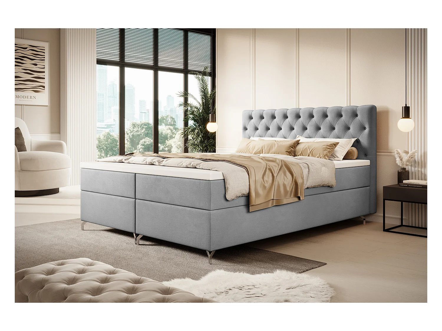 BEDANTE Boxspringbett CHESTER 160x200 Monolith 84, Hellgrau, Bettkasten, Chromfüße, Ehebett, Hotelbett, Topper, Matratze, Bonell, Stauraum, Polsterbett