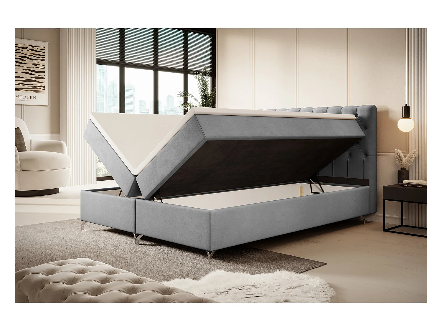 BEDANTE Boxspringbett CHESTER 160x200 Monolith 84, Hellgrau, Bettkasten, Chromfüße, Ehebett, Hotelbett, Topper, Matratze, Bonell, Stauraum, Polsterbett