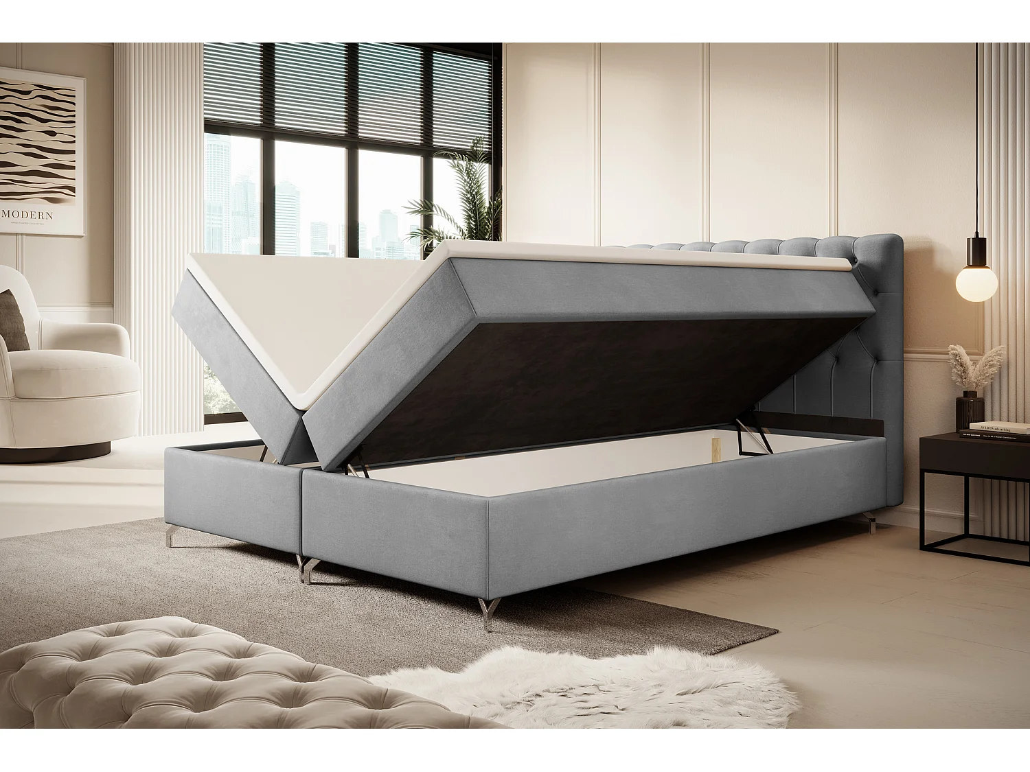 BEDANTE Boxspringbett CHESTER 160x200 Monolith 84, Hellgrau, Bettkasten, Chromfüße, Ehebett, Hotelbett, Topper, Matratze, Bonell, Stauraum, Polsterbett